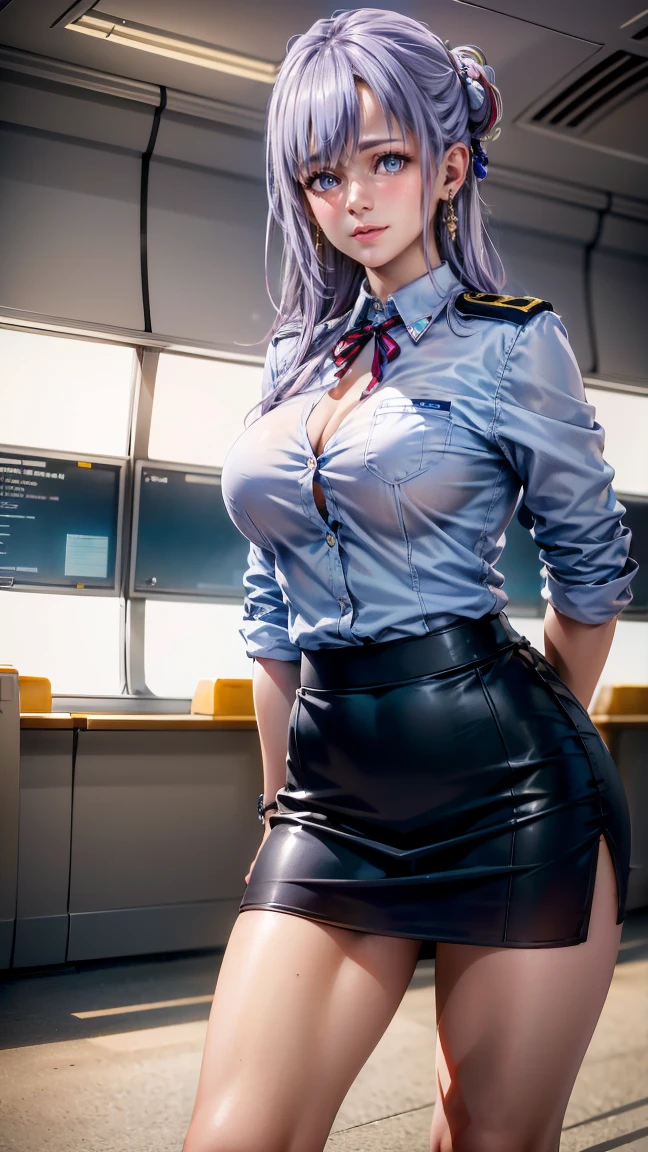 Stewardess,Tall and hot,The bust is amazing,Wearing a tight flight attendant uniform,The low-cut design of the top supports the big breasts even more full and attractive,The skirt is so short that it reaches only the base of the thighs,The delicate curves of the body are even more attractive。Beautiful face,The eyes are bright and radiant,The pink lips are even more attractive。