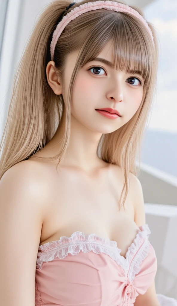 ((Maid:1.3)),Portraiture、、brightexpression、ponytail、young, bright, Whiter skin、Best Looks、Blonde reflection、Platinum blonde hair with dazzling highlights、Shining bright hair,、Super long, Silky straight hair、beautiful shiny bangs、Sparkling, clear, Attractive big blue eyes、so beautiful, A cute and adorable 、Ample breasts、Upper Body