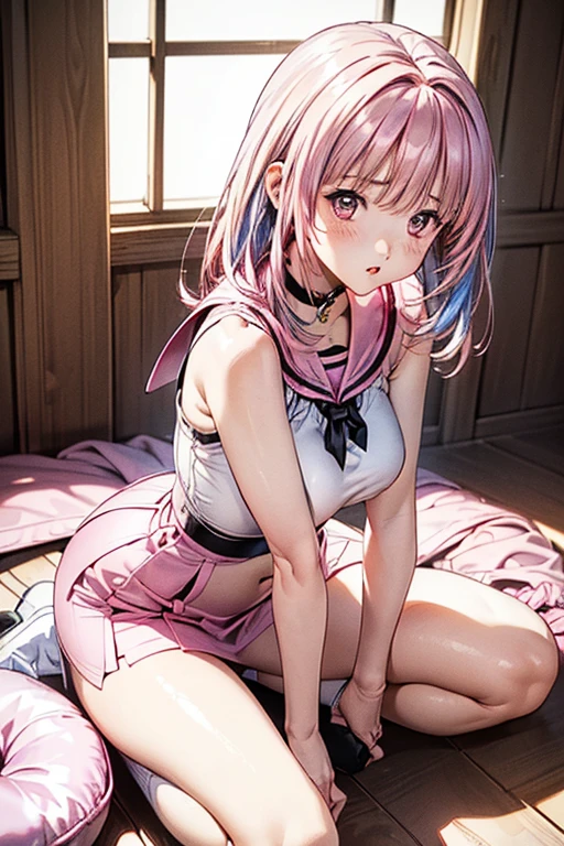 (Best quality, 8k, 32k, Masterpiece, UHD,:1.2),RAW, 1girl,ultra cute , natural lighting,transparent shining eyes, 20yo,medium breast ,fair complexion ,flushed face,all fours, all fours, ((pastel pink)) ,sleeveless top, on floar, embarrassed, high quality, string bra, short kilt skirt, lying down, , From Behind, Show off Panties, Panties Color is Pastel pink, emphasizing ass, ((Closeup Shot))