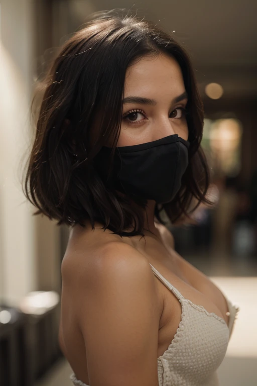 Dark brown skin color girl,he has short hair below his ears,He is wearing a sexy mask on his face.,She is dressed in a very short and tight dress highlighting her thighs.