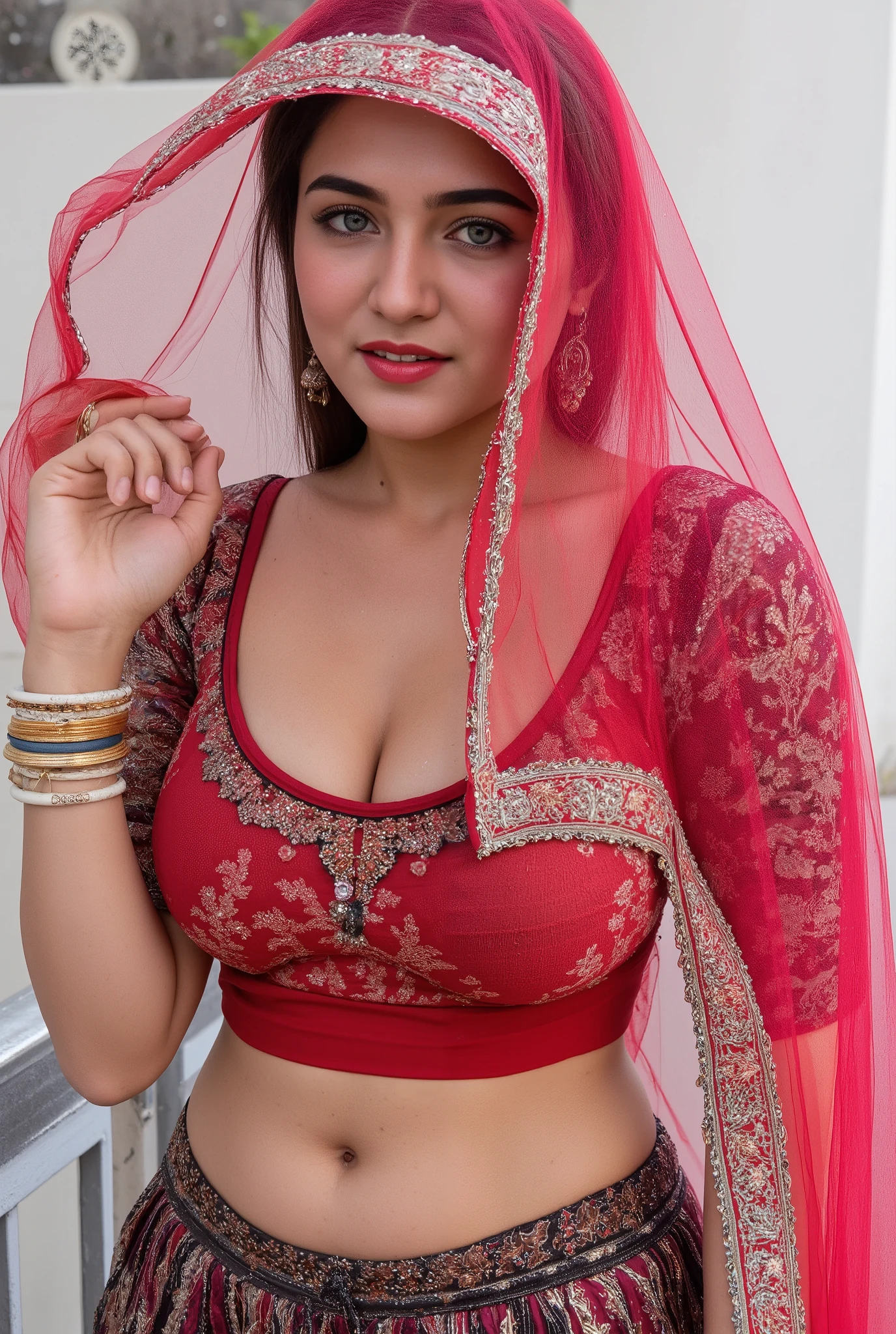 Indian Rajputi girl in Rajputi poshak, Beautiful Face, Sheer veil on face, Transparent veil from her head to face, Beauty Enhancing Make Up, Rajasthani Jwellery, Large Breast, Slim Body, Cleavage, traditional look, traditional rajputi dress, rajputi paridhan, Ghoonghat, Transparent ghoonghat (Veil), her hand adjusting veil, Cleavage shown, Beautiful covered lady, full light, Full pose, full body pose, ultra hd, ultra realistic, 8k, Standing full pose, courtyard, Nose nath jwellery, gold Necklace, Nath, Realistic,