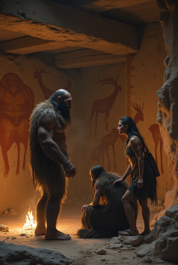 cartoon caveman with a fishing rod in one hand and a fish in the other hand is cowering in fear, vestindo roupas de homem das cavernas, wearing barbarian caveman pelt, Sasquatch irritado, idade da Pedra, pessoas neandertais, um personagem baseado em um haggis, pose de raiva assustadora, next to the dinosaur are the cavemen, prehistoric caveman family