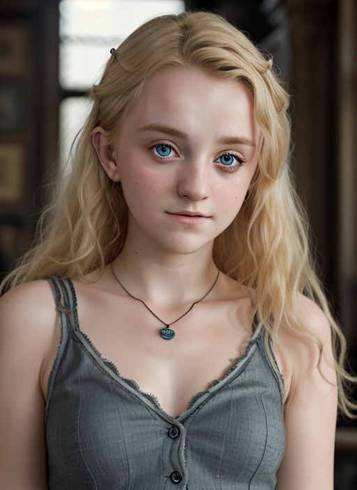 Portrait of a Norwegian beautiful teenager, small breasts, intricate dress, soft smile, natural lips, long blonde hair with shaved sides , blue-grey eyes, realism, digital painting, concept art, smooth, sharp focus, rule of thirds, Style-Psycho