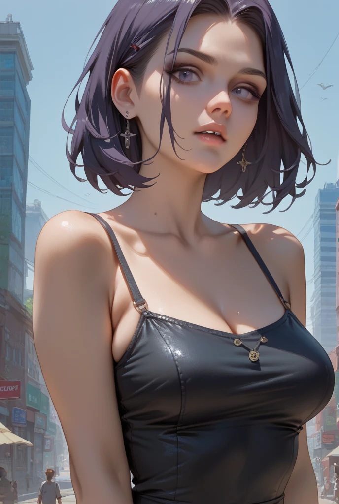 (Best quality, 8k, Masterpiece: 1.3)), Sharp focus: 1.2, beautiful Girl with perfect body: 1.4, Slim abdomen: 1.2, ((Layered Haircut:1)),((Tanned body, Large breasts: 1.3)), (no bra),(Small and beautiful hard nipple) ,((Black Jacket on White T-shirt showing very large breasts)), ((Night, Street: 1.2)), Highly detailed face and skin texture, Detailed eyes, Double eyelid, ((Layered Haircut:1)),((simple necklace on neck)),((sexy breasts))