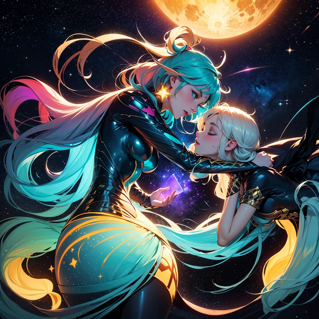 masterpiece, best quality, a pair of twins sitting together enjoying the night sky,
2girls, twins, opposing personalities, (colorful), (finely detailed beautiful eyes and detailed face), cinematic lighting, ((young, petite, flat chest, tiny chest, long blonde hair, blue eyes)), ((a-cup chest, short black hair, green eyes)), extremely detailed CG unity 8k wallpaper, smug smile, viewed from front, sitting, low angle view, sitting seductively, ((metallic golden bodypaint, bodypaint covering body)), ((licking fingers)), ((flying petal)), (detailed background, gemini constellation, brilliant starscape, Flowery meadow)
sky, cloudy_sky, building, moonlight, moon, night, (dark theme:1.3), light, fantasy,