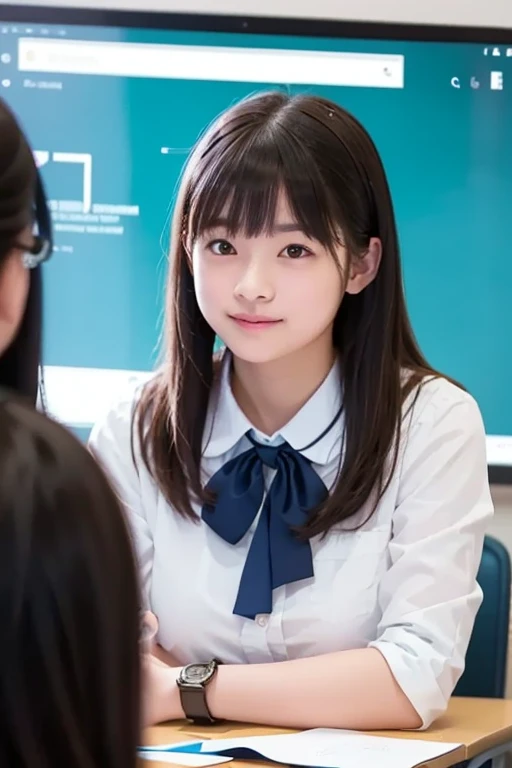 Japan high school girl sitting at desk in classroom in uniform, Japan High School Student Uniform、Red big ribbon tie:1.2、blazers、white shirt、Navy blue checked pleated skirt、Black pantyhose,Cute,mature youngster,17 age,Full body,nice perfect face with soft skin perfect face,Gorgeous Long Wave Brown Ponytail,8K resolution,Ultra-realistic,Ultra-detailed,hightquality,huge-breasted:1.2)