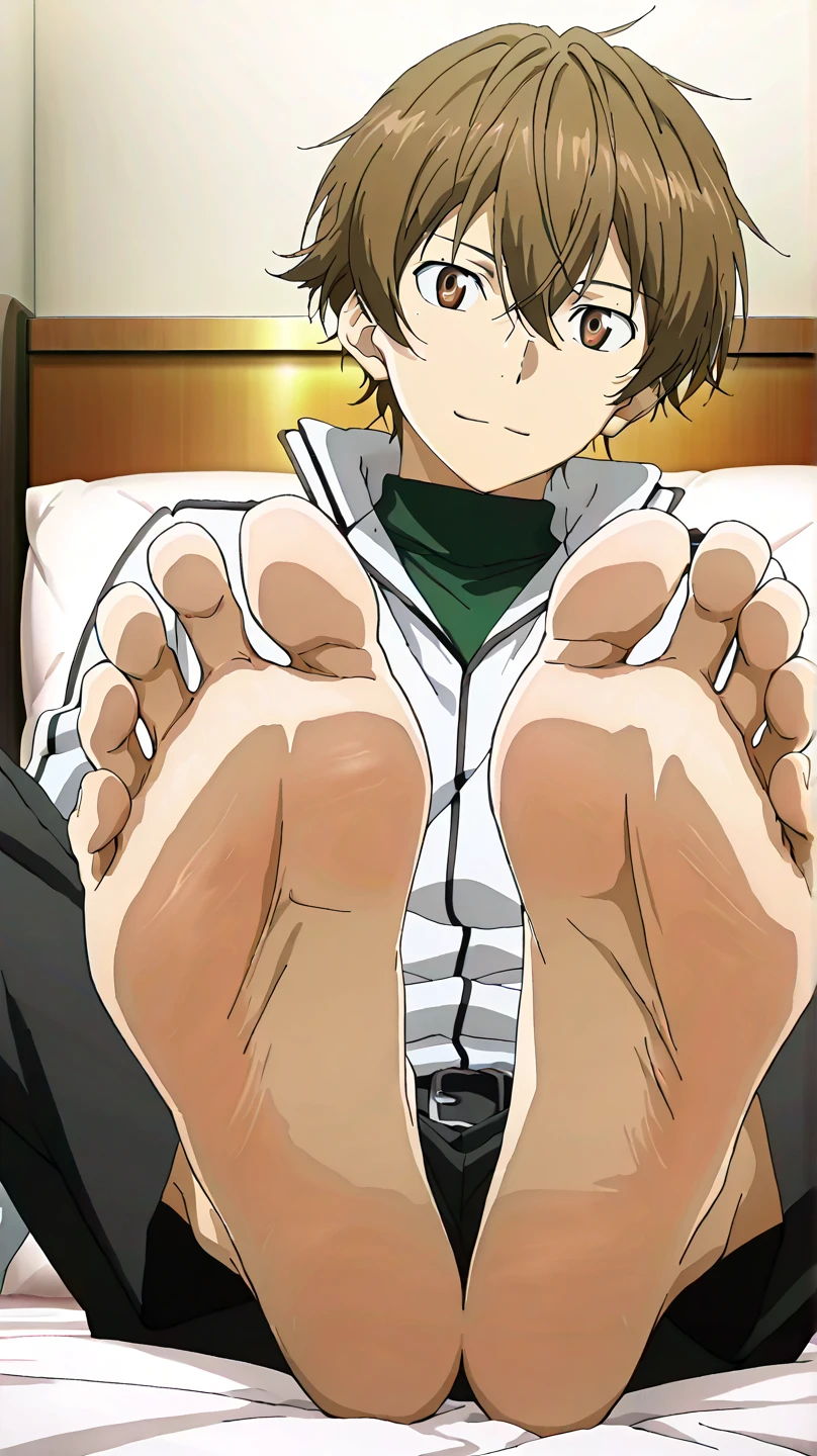 ((Masterpiece)), ((highest quality)), ((perfect anatomy )), young male, Kazuma Sato_KonoSuba, on a bed, showing the soles of his feet, perfect feet, five toe feet, feet focus, two legs, two feet
