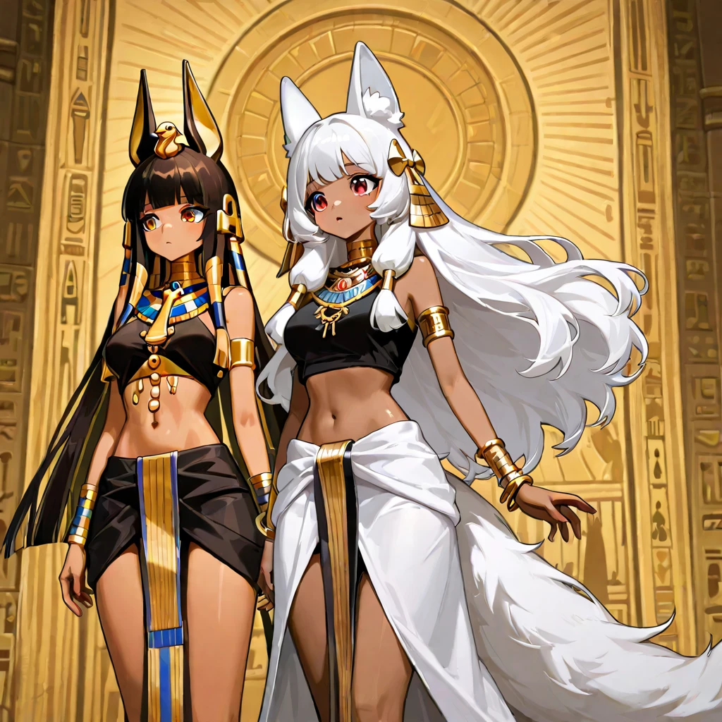 black hair, red eyes, long hair, bandage clothing,arm up, anubis ears, egipcian necklage,desert looking at viewer, kneeling, similar to anubis, furry, antropomorphic