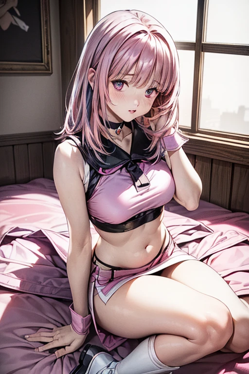 ((best quality)), ((masterpiece)), (detailed), 1girl, off-shoulder sweater,
Create an anime girl on her back with her legs open wearing pink and black underwear and who is 26 years old in a luxurious room landscape