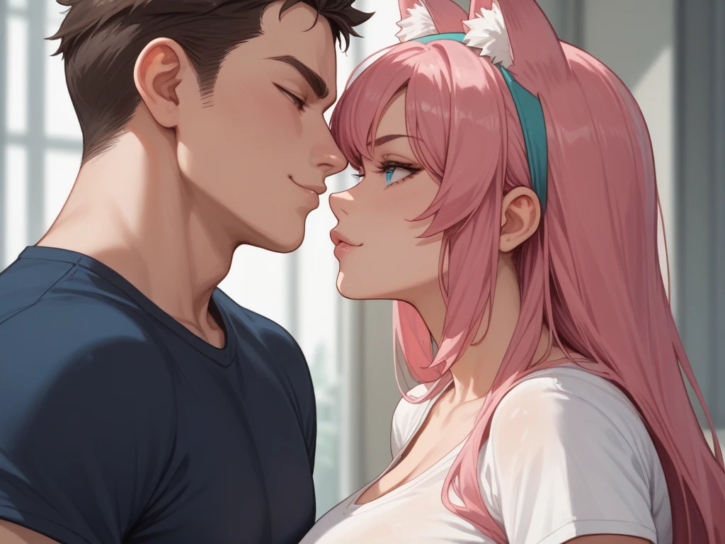 1man and 1woman,Broken heart,love break,strong emotions,excitement,romance,complicity, man shirtless, woman sport bra, kissing, (man and woman clothes are off then they kissing)