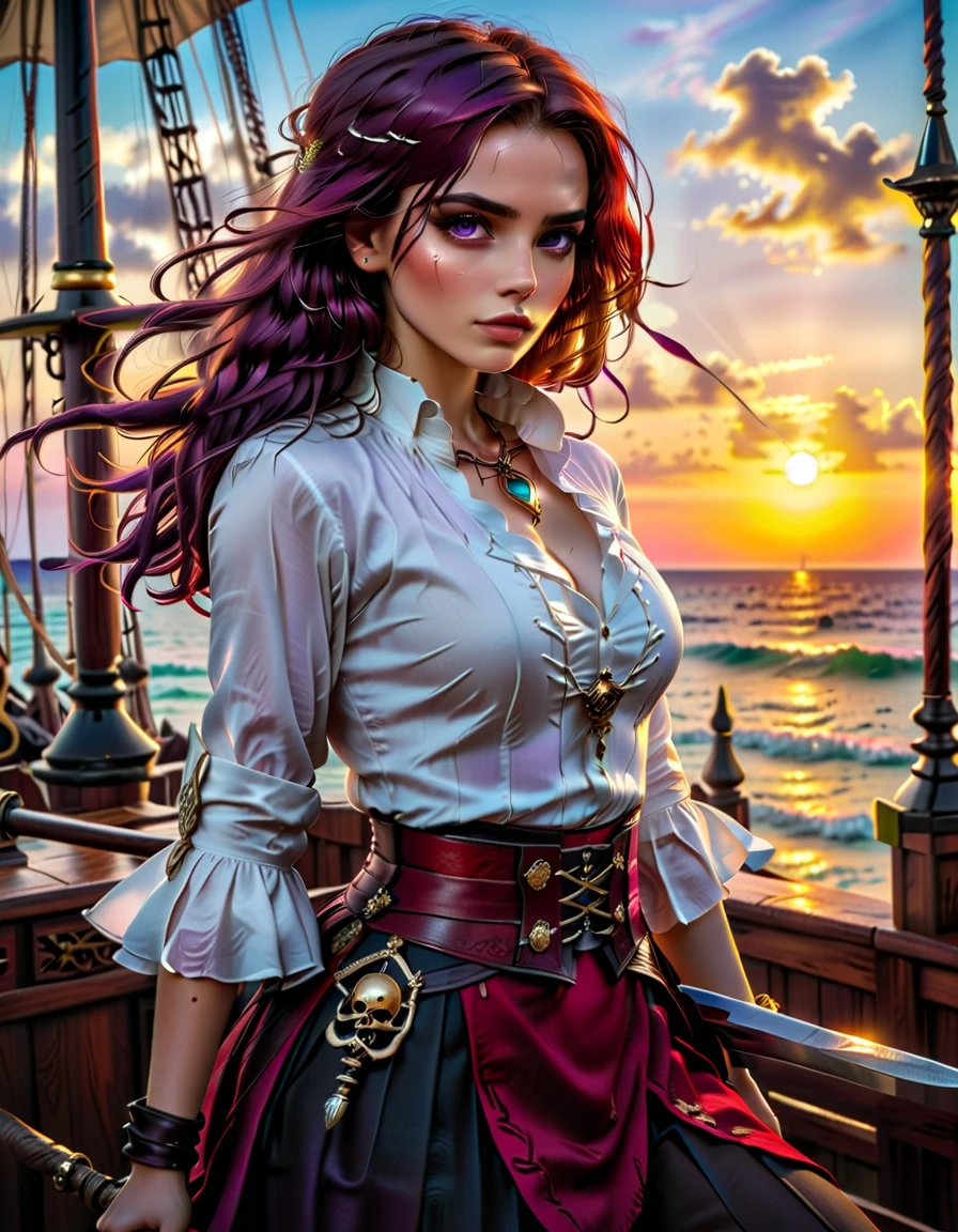 a portrait of a woman pirate holding a saber on a pirate ship ready for battle, ((full body: 1.5)), ((anatomically correct: 1.5)), (ultra detailed face: 1.2), looking tense, looking dangerous,  dynamic eye color. dynamic hair color, dynamic hair style dynamic skin complexion, wearing 18th century white button shirt, busty , wearing  wearing high heeled boots, sunny day, sun rays, some clouds,18th century pirate ship background,  vibrant, Ultra-high resolution, High Contrast, (masterpiece:1.5), highest quality, Best aesthetics), best details, best quality, highres, 16k, (ultra detailed: 1.5), masterpiece, best quality, (extremely detailed) RAW, (ultra details, Masterpiece, best quality), Hyperrealism style, holding sword, Intense gaze