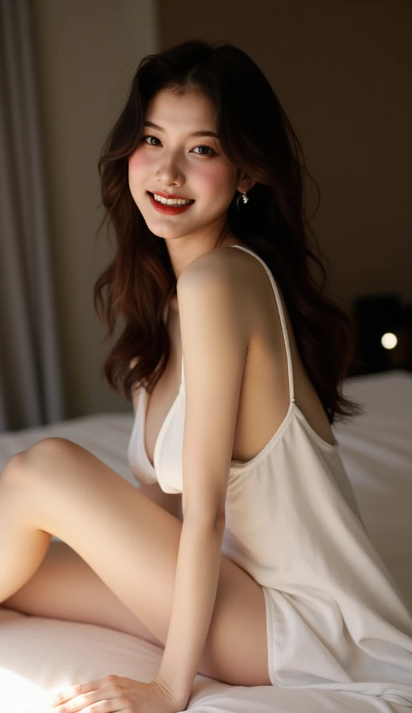 (masterpiece, Highest quality, Highest quality, Very detailed, colorful, Most detailed, Dreamy atmosphere, Bright colors, Actual photo, Real Skin. Ultra-realistic, One person, Indonesian Chinese girl, Medium Hair, Sharp for the viewer, Detailed skin, Street Background, Slender body, Lying on a hotel bed, ((Spread your legs, M-shaped leg posture:1.5)), Morning Time, Small breasts. She's wearing a Silky night mini dress, Silky, Slightly lace pattern, Raise the hand, showing white Silky panties, Soft front studio lighting, whole body, slim Silky panties