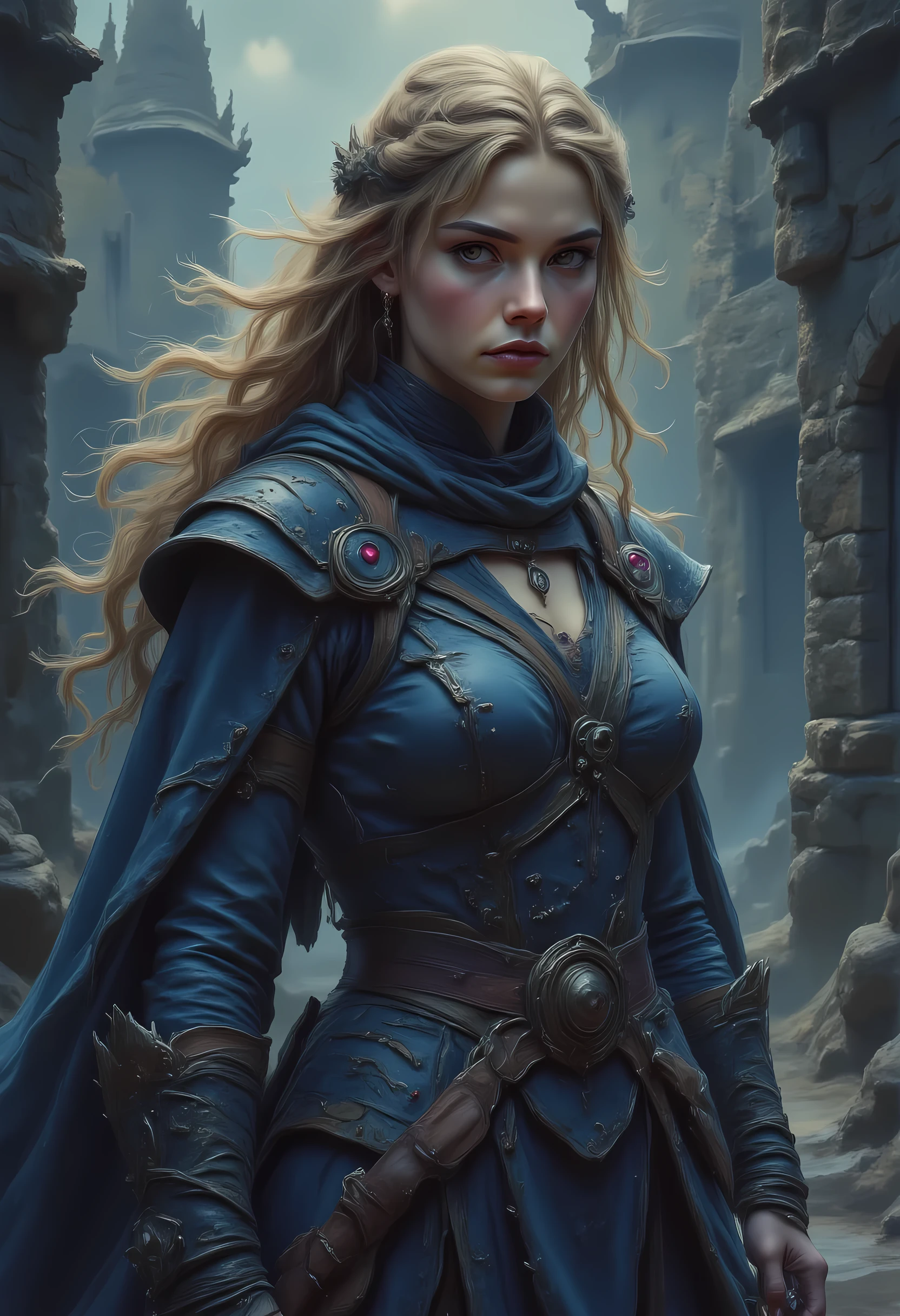 a 1940s pin up snapshot picture black and white (only colors are black and white and  blue) of a noble female elf, fantasy swashbuckler, fantasy fencer, armed with a slim sword, metallic shine, full body, epic beautiful female elf, blond hair, long hair, billowing hair, small pointed ears, wearing  blue cloak, long cloak, (blue cloak: 1.3) wearing elven intricate white leather shirt, delicate leather, shiny rubies studded in the shirt,  small cleavage, sense of daring, sense of adventure high fantasy elf street, high details, best quality, 16k, [ultra detailed], masterpiece, best quality, (extremely detailed), dynamic angle, ultra wide shot, photorealistic, RAW, fantasy art, realistic art,((best quality)), ((masterpiece)), (detailed), perfect face, fantasy, FntsyPstlCE style
