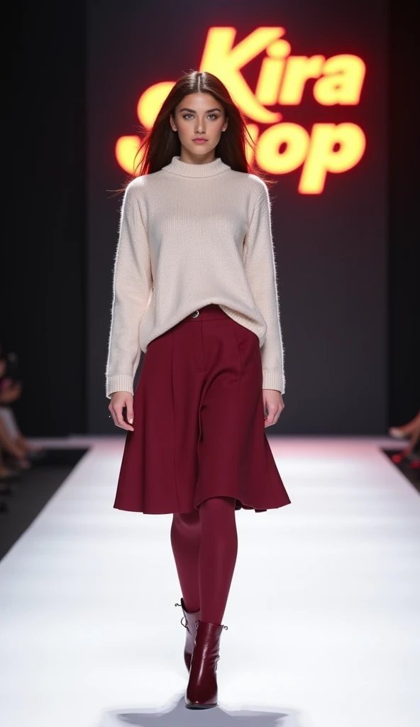 full body, woman walking on a runway, fashion show, oversized sweatshirt, pleated skirt, sneakers, soft colors, bokeh, masterpiece, high quality, (high detailed skin:1.1)
<lora:elizabeth_olsen_lora_v01:1> liz89