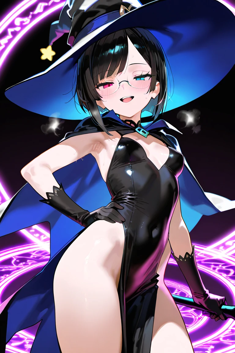 urca robe side ponytail witch hat choker glasses red eyes tetas, muslos, cuerpazo, mirando, looking at viewer, sonrojada, mejillas rojas, apretada, cuerpo completo, hig cuality, mejor calidad, calidad 4k, apretada, de frente, looking at viewer, bikini negro, black bikini, panties, black panties, mirada picara