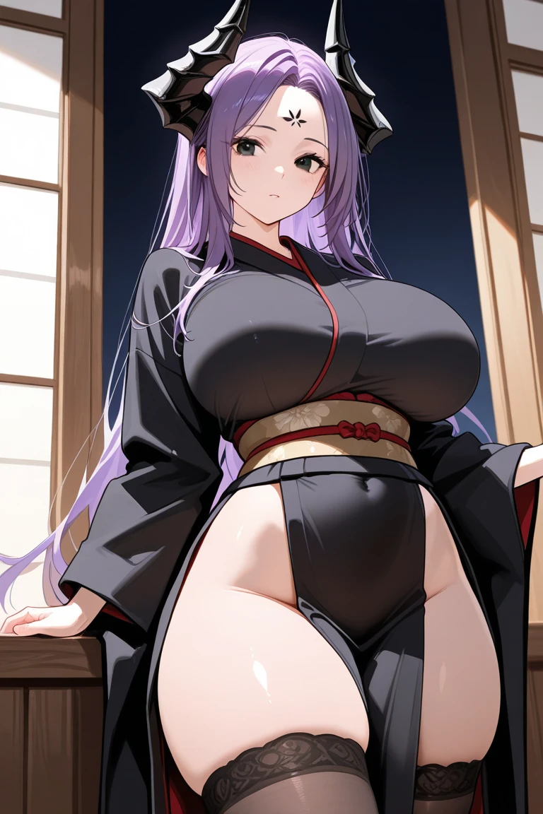 Shion (( best quality)), (( master part)), (circunstanciado), 1girl, franja,bikini, retention, cabelos longos, outdors, cabelo roxo, olho rosa escuro, Chifre singple, , sozinho, cabelos muito longos, no emotion, Roupas chinesas Cheongsam transparente, (( programa )), calcinha crotchless