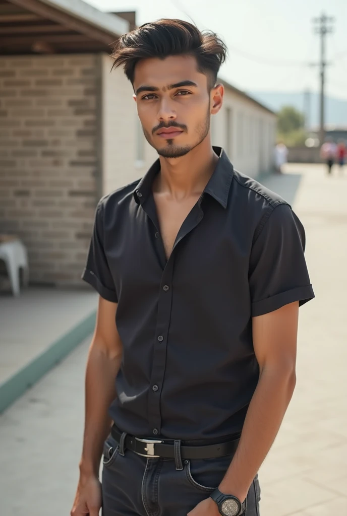 adolecente del genero masculino de colegio, latino con los ojos cafes pelo corto y mas largo arriba, skinny and wearing a black t-shirt and faded light blue jeans, piel blanca, cejas gruesas y un corte en la ceja izquierda, caminando en la calle de una ciudad en pleno centro 