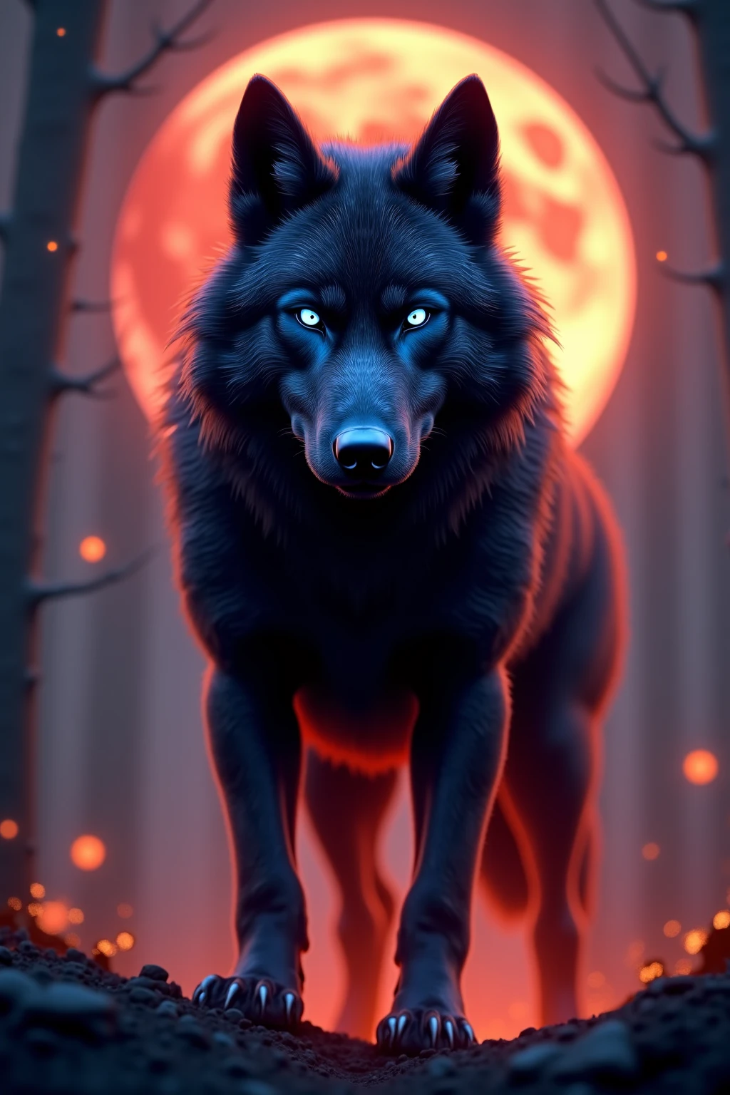 Generates a very strong and beautiful blue-eyed black wolf in flames with shiny fur ultra realistic 3D 8k full hd In a beautiful scenario with a reddish waning moon
