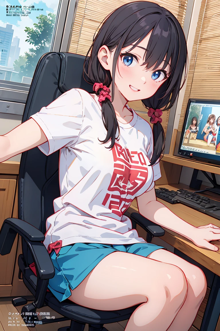 Brown Hair,Shortcuts,Messy Hair,Slender beauty,A dignified posture,Small chest,Beautiful feet,Her captivating grey-blue eyes shine like stars,Super cute and delicate black haired girl、Middle school students、14 years、8K ultra-high resolution, Delicate texture,Medium Hair、Cute room、A girl studying(Sit on a chair)、desk work(I have a notebook)、Thinking face、Rough, plain red T-shirt、Distressed jeans