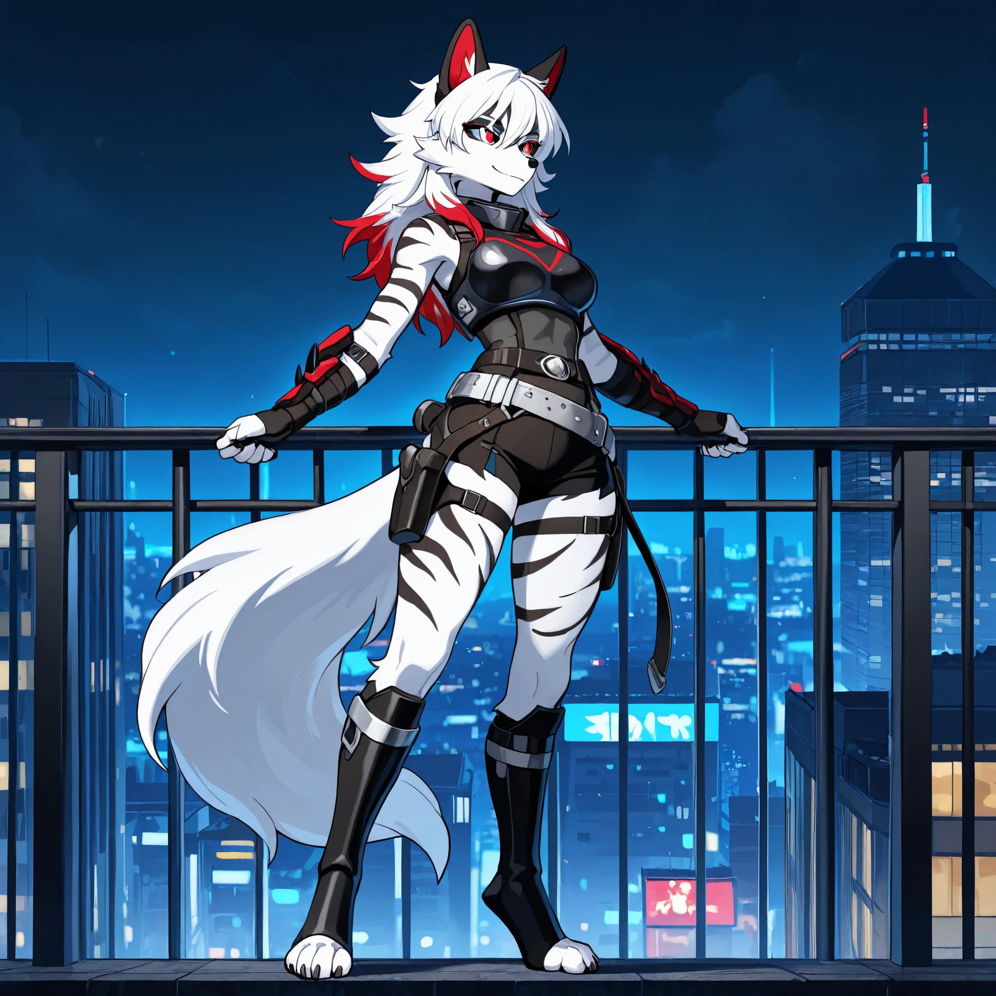 Anime style, masterpiece, best quality, full body picture, (centered), three-quarters view, 1girl, PLHighwire, furry, tall, anthro, female white wolf, digitigrade legs, white fur covered body, black toeless boots, calf length boots, boots with straps, black body armor, medium breasts, white eyes, red sclera, big city background, city at night, white face, black facial markings, white tail with red tip, (red ears:1.5), (long white hair with red highlights), knee length black shorts, wearing dual holsters, wearing a silver belt, (standing pose), (black tiger stripes on legs, black tiger stripes on arms), small smile