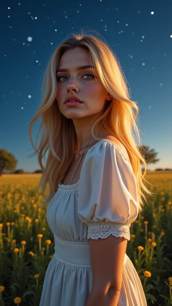 (Best quality, masterpiece), 1girl, pose, particles, wind, flower, upper body, simple background, looking at the audience, blonde, milky way, aesthetic