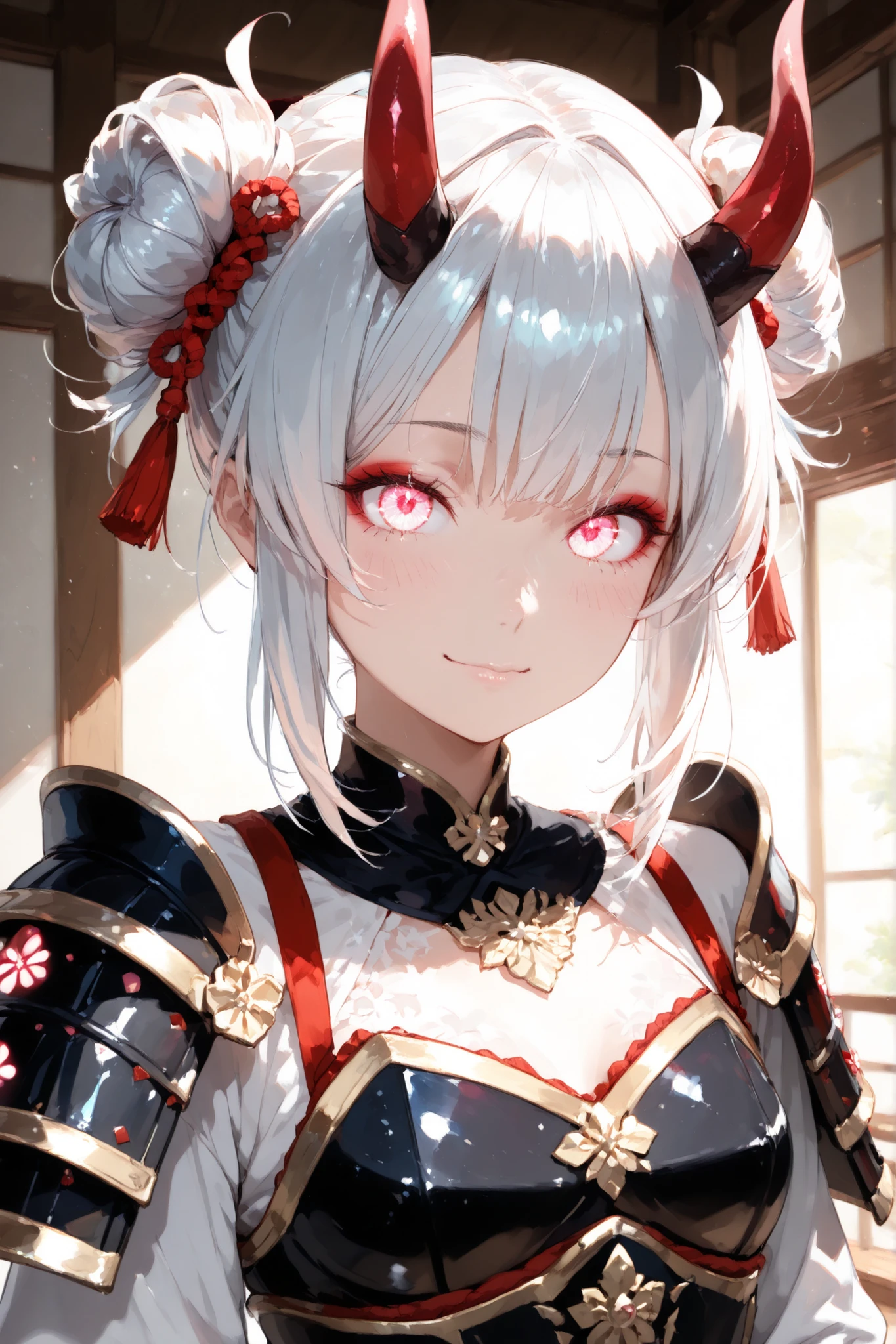 an petite young female between the age of 18-20, they have an detailed but cute face, she has Japanese inspired make up on her face as well, They have short silver hair with intricate side buns adorned with red horn-like accessories, they have bright wide detailed glowing silver eyes, they character has small oni like horns on them, Wearing Japanese inspired armor with ornate gold detailing.