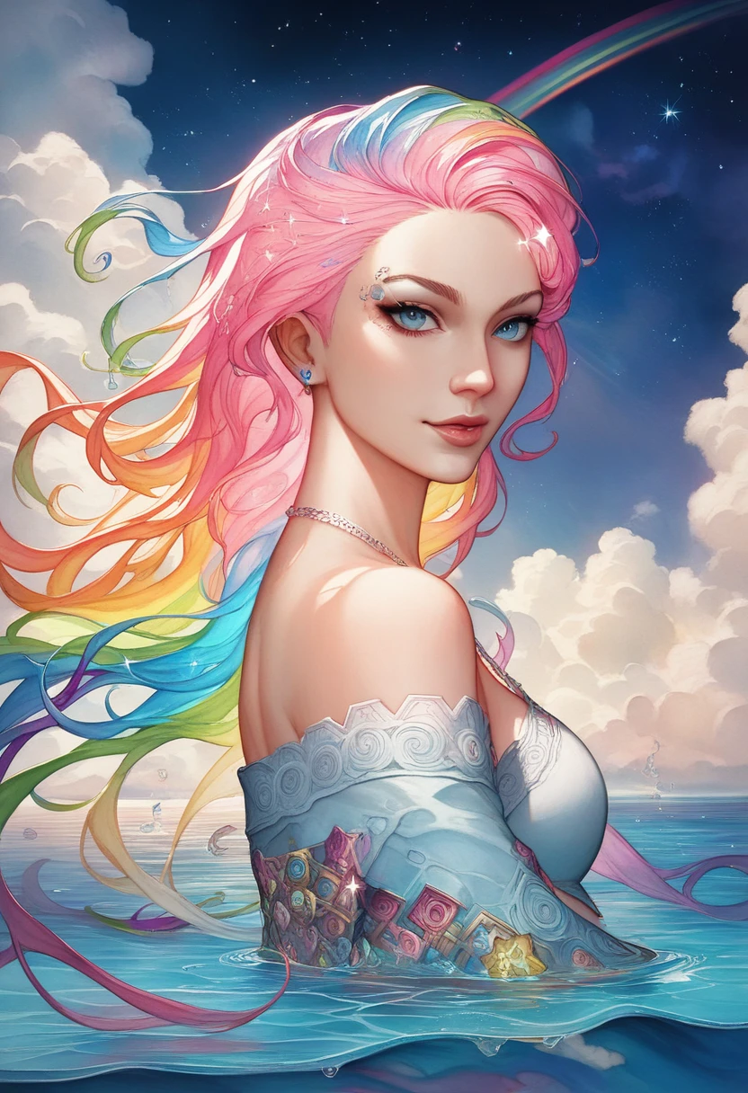 Mosaic rainbow in cloudy sunny sky, masterpiece, beautiful girl on a rainbow