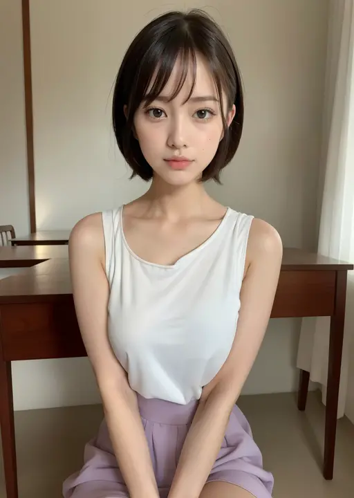 ((of the highest quality, 8K, masutepiece: 1.3, Raw photo)), Sharp Focus: 1.2, (1 AESPA Girl :1.1), Solo, (Realistic, Photorealistic: 1.37), (Face Focus: 1.1), Cute face, hyperdetailed face, short messy hair, nude, (Small breasts, flat chest, thigh: 1.1), office lobby, flower, dahlia, arms up