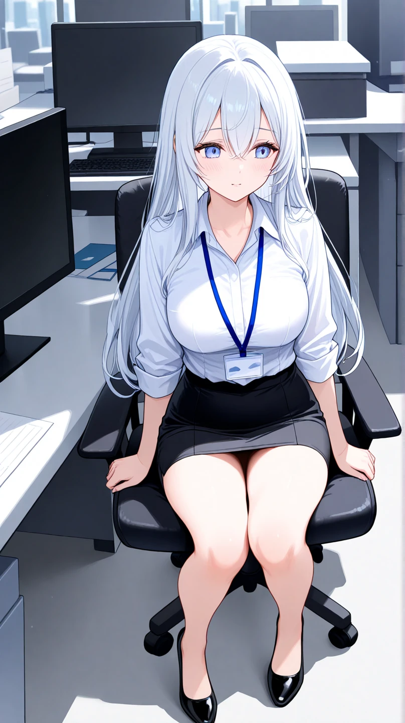 Condensation， 1girll， 独奏， （（white  shirt））， black thighhigns， nedium breasts，， 校服， office backdrop， a black skirt， pleatedskirt， office room， hair between eye， hair adornments，big cleavage breasts， long whitr hair， looking at viewert， silber hair， braidedhair， silver short nails， Silver eyes， 独奏， Thighs, thighs， upper legs， long whitr hair， （（tmasterpiece））， Sat down， a chair， Study desk， Computer on the desk， name badge， ID tags， inside in room， Be red in the face，a sexy pose，