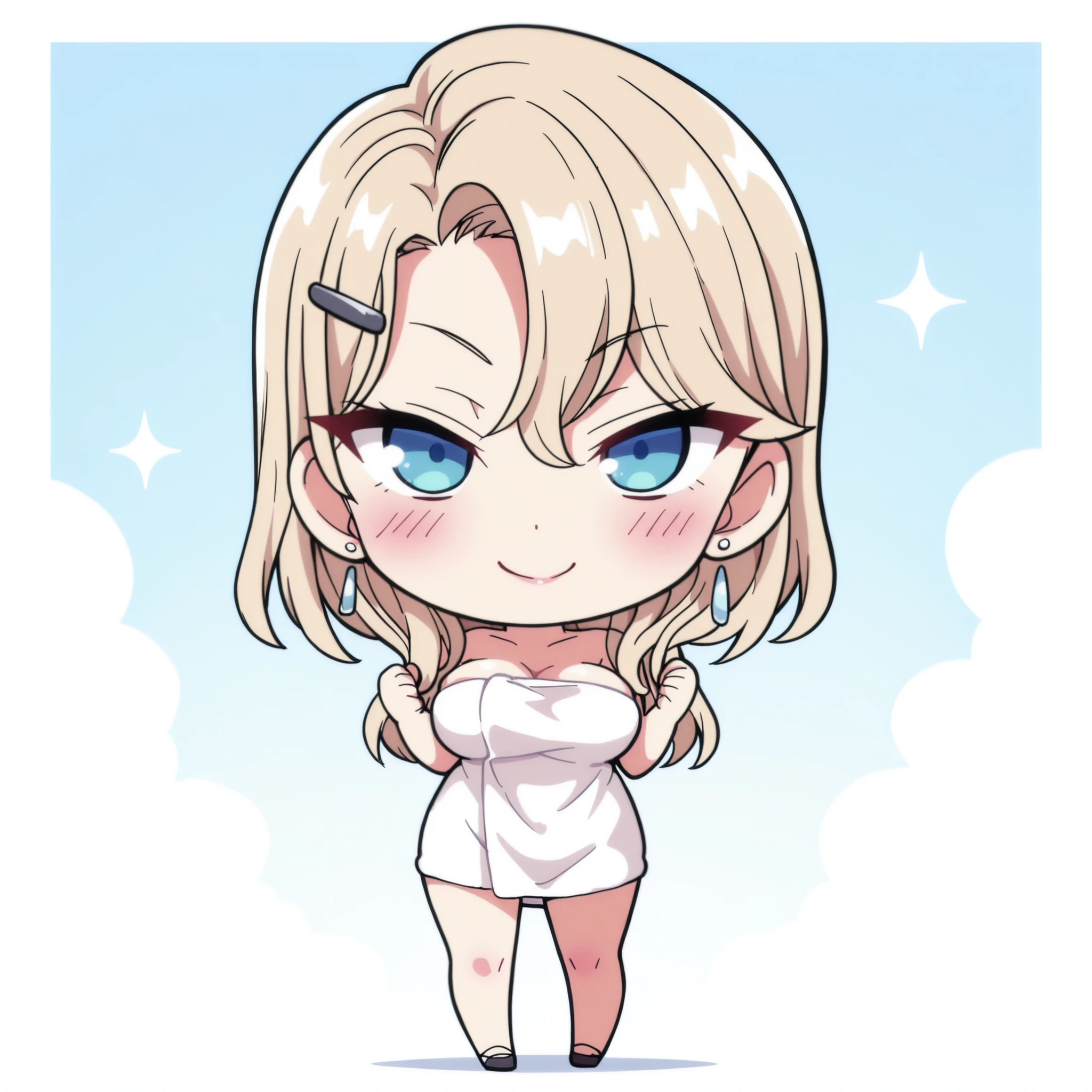 Kurashiki Reika, high quality, masterpiece, Very detailed, high quality, high resolution, A girl, solo, blonde hair, blue eyes, beautiful, beautiful and perfect face, smile, View your audience, white towel, cowboy shot, hair clip , visible, Big Breasts, Chibi style, full body, sexy, blush, Chibi character, standing, Chibi,