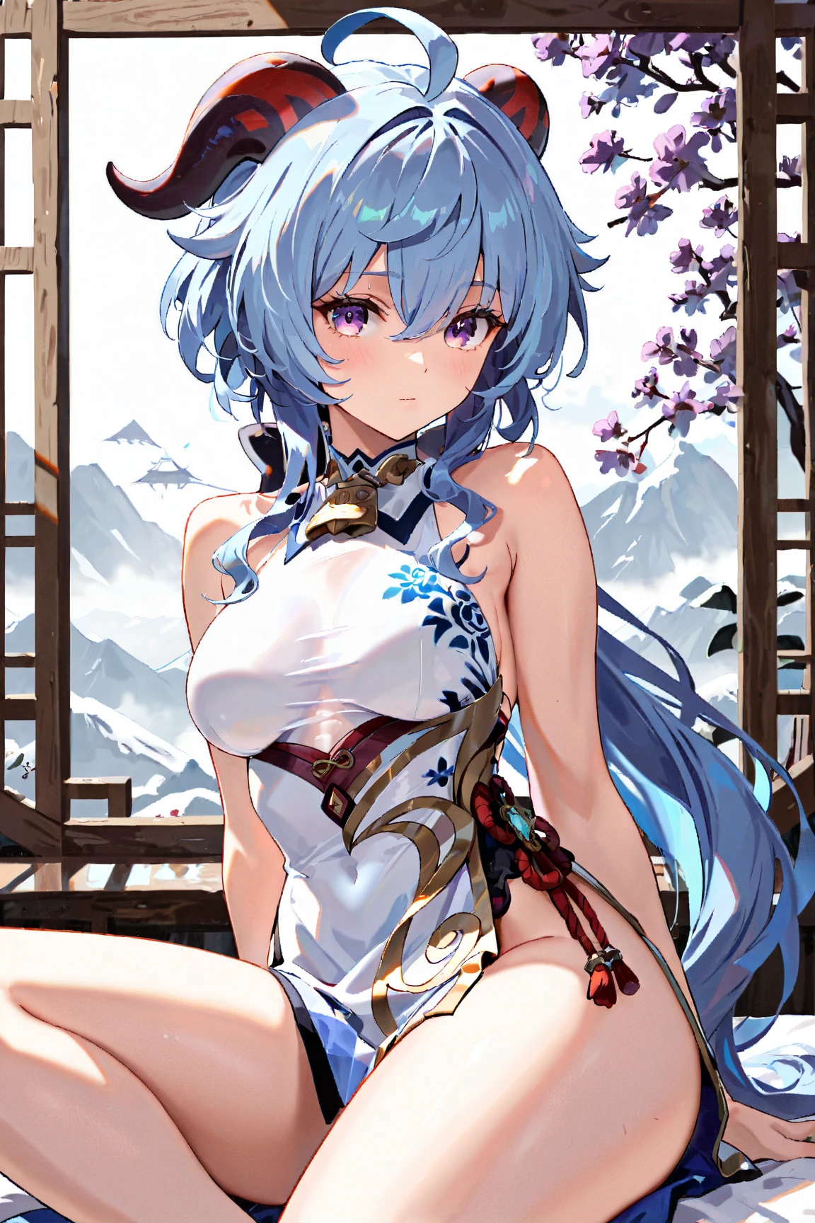 Masterpiece, Beautiful art, professional artist, 8k, sleeping expression, very detailed face, Detailed clothing, detailed fabric, 1 girl, Hiring, (genshin impact), completely naked, View from the front, standing, perfectly drawn naked body, pale skin, shy expression, beautiful face, agregar cuernos de Hiring en la cabeza, Long sky blue hair, 4k eyes, very detailed eyes, pink cheeks, choker:1.6, Sensual Lips, show details in the eyes, lake with chinese mountain in the background, evening