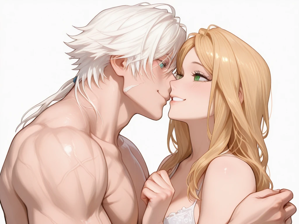 Трахаются between two people, Naked girl and guy with dick, big breasts (natural), big hips, perfect body, abs, pleasure on face, light tan, white hair, glasses, missionary position, sperm in vagina, steam from sperm, red eyes, in bed, sunset, soft lighting, shiny skin