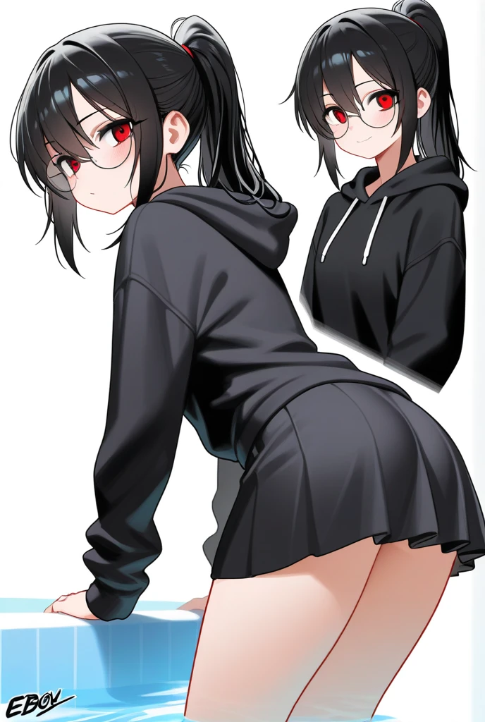 highest quality,(8K Portrait),(Official Art)、obesity、((short hair))、blush,((dark hair)),(Sweat),Black knee socks、One Woman,((:is))、hot、Office Room、Glasses、Thick thighs, Such an ass, Liar, Open ??????, Dettol, Down the Out、(Dynamic pose)、isらしない身体、Dynamic Angles、Turning around、High neck sweater、(On all fours:1.2)、On knees、Angle from behind、Cowboy Shot、bottom less、Big Ass、(Strings:1.2)、