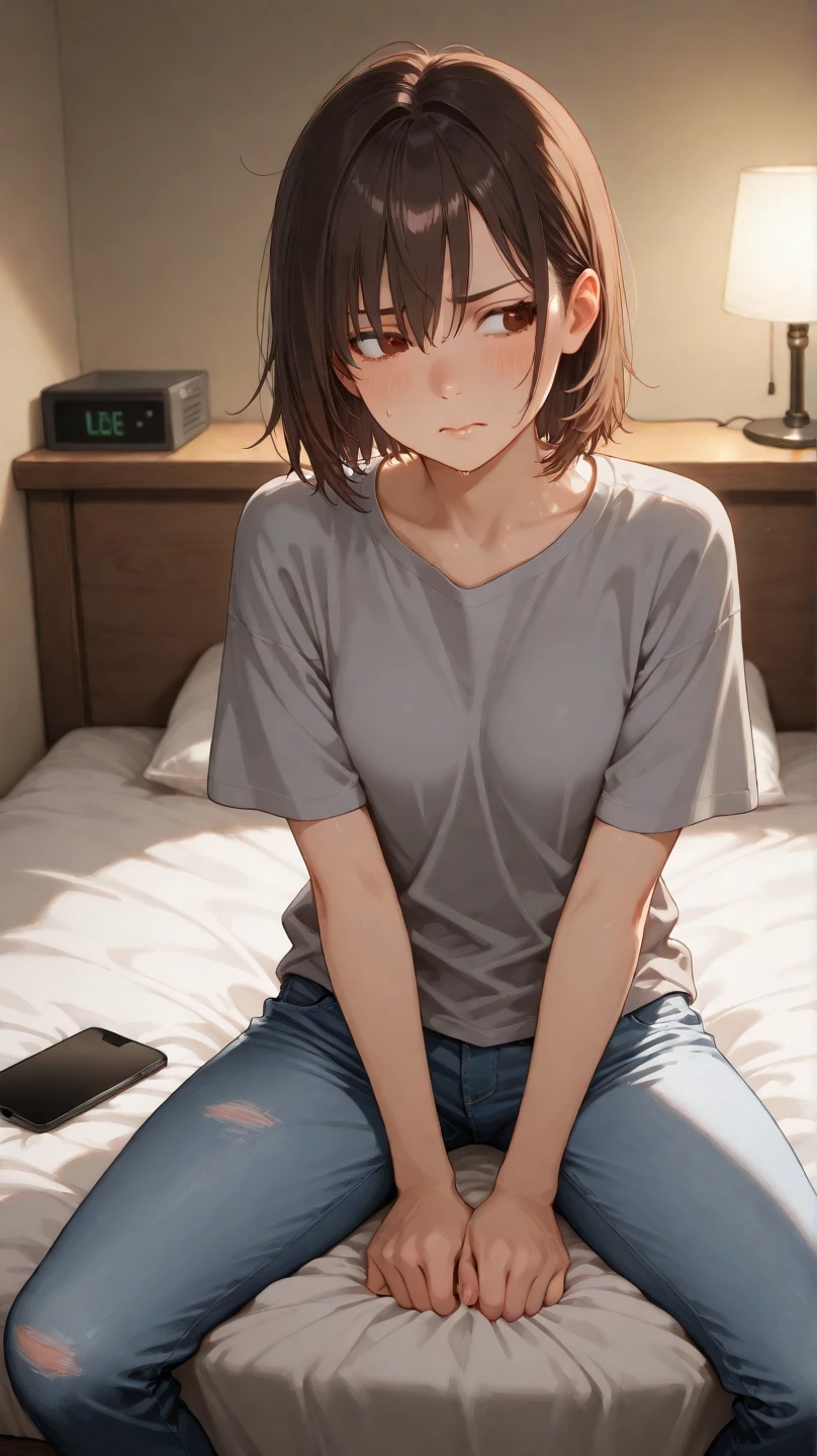 bed,Brown eyes,1 ,boyish.Two-block shorthair,Black Hair,blush,White T-shirt,Olive green shorts,barefoot,White skin,summer,shy,Open your mouth wide,Pétain sitting,blush,Sweat,Cross your arms,Embarrassed,panic,Embarrassing,Open your mouth