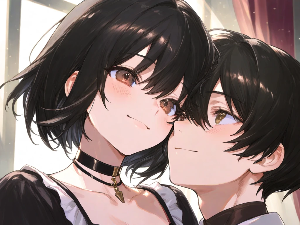 (best quality,ultra-detailed,(background:in the room1,8)),((focus on face),(portrait),((one boy)),(Tomgirl),(fem boy),(trap),(natural makeup),black choker,((black short hair)),((boy's face)),((blushing)),(dress),((boy's wearing makeup)),((boy's wearing make-up)),((boy’s having a lipstick)),vibrant colors,soft lighting)