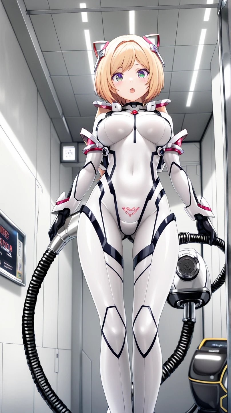 A Female mature robot exposes her inside mechanical organ. she wears white one-piece. Her Brown very short pigtails is tied with two big red clothespins, masterpiece, mature, android, blue eyes, full body, Height: 160cm, flushed cheeks, Uplifting, No NSFW, whole body, barefoot, archaic smile, getting orgasm, sweat bucket. full body shot, floating hair, looking straight. multiple girls.
