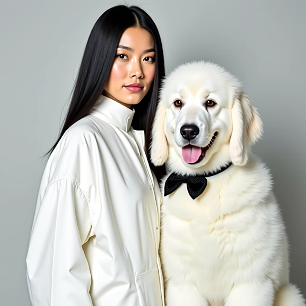 I want one with a bourgeois face, com guardas atraz dela holding um monte de sacolas de compras da zara, gucci,prada and dior, model body,long curly hair 4b brown, holding, A dog of the Siberian Husky breed
