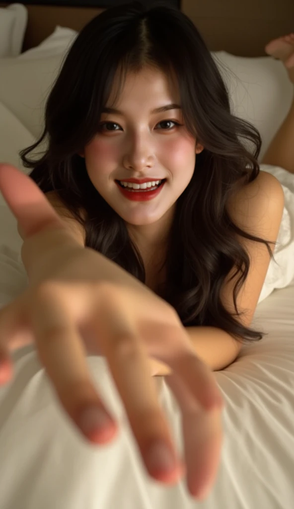 Beauty on the bed、steam, (((sweat))),Grinning smile、Little devil look、Seducing Woman、dark room、薄dark room、room with lights off、woman sneaking into bed、under covers、cover your head with a sheet、POV