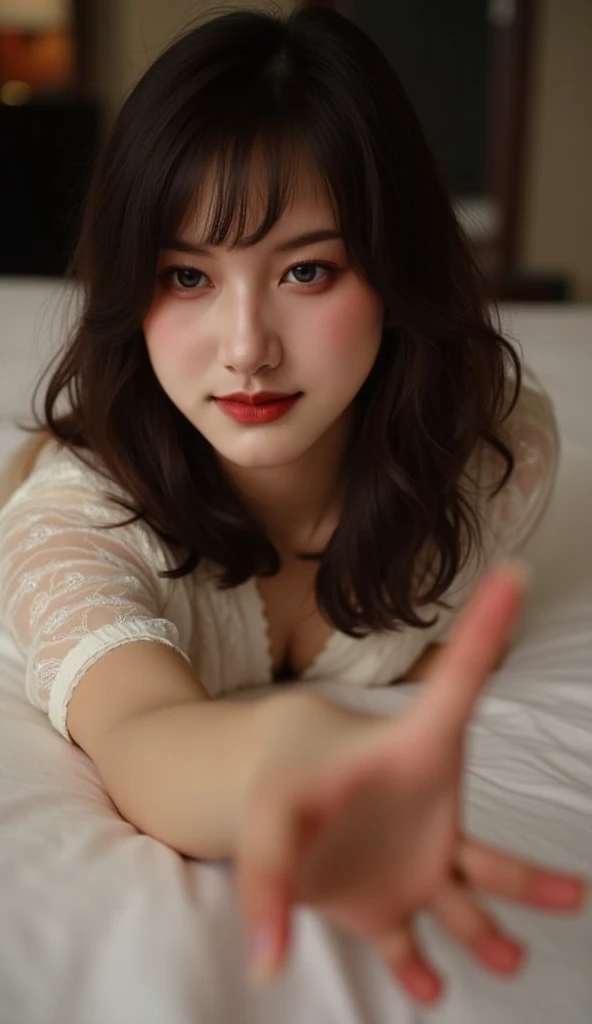 (ultra-detailed,photorealistic:1.37),HDR,UHD,masterpiece:1.2,beautiful detailed eyes,naked woman,Asian woman,perfect makeup,posing for a selfie on her bed,soft lighting,bedroom,white sheets,relaxed expression,subtle smile,shiny black hair,delicate features,vivid colors,contemporary painting style
