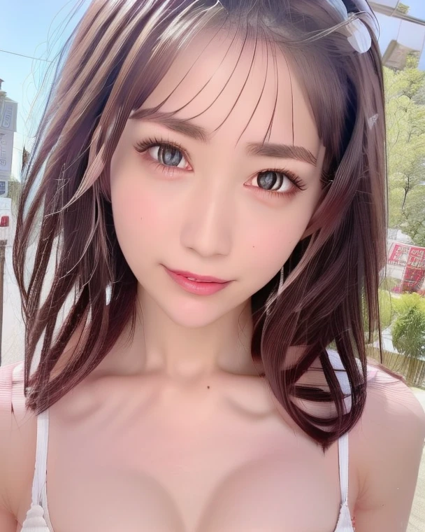 (highest quality, masterpiece:1.3, 超A high resolution), (Super detailed, Caustics), (Realistic:1.4,RAW shooting,)Ultra-Realistic Capture,Very detailed,High resolution 16k, Human skin close-up, The skin texture is natural, It must be detailed enough to be easily identifiable.。 Skin should look healthy and have an even tone。 Use natural light and color, (Backpack, one piece), ((Mountain, blue sky, The body is slim)), 1 girl, Japanese, 18-year-old, cute, Long Hair, Big Breasts, smile, Turn your body forward, (View from the front:1.1), Looking into the camera, (Cowboy Shot),vision, focused on the chest, Light brown hair, ((Black choker)), Very long, bushy eyelashes, blue eyes, bangs、Outdoor