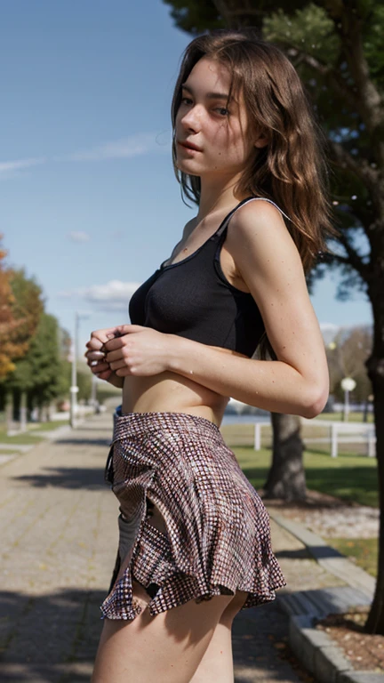 A thicc woman, brown hair, straight hair, wearing a sheer blue underwear, in a park,