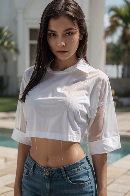 A 14 year old girl in short hair wearing transparent short top. Wet . Breasts can be seen.