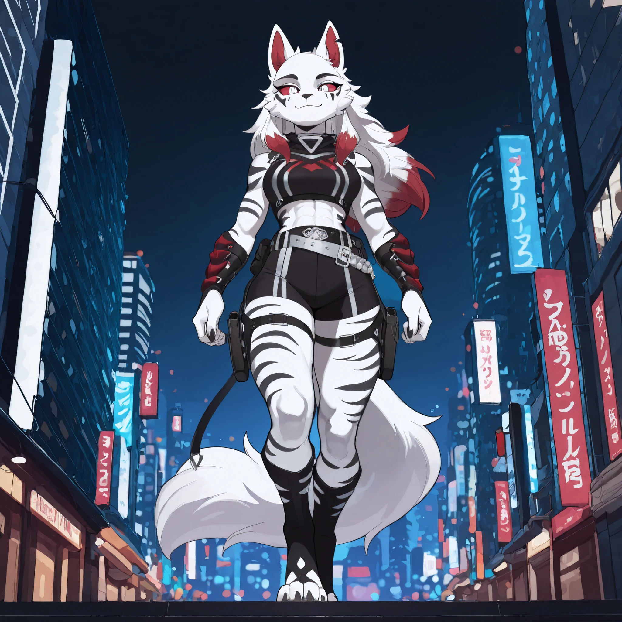Anime style, masterpiece, best quality, full body picture, (centered), three-quarters view, 1girl, PLHighwire, furry, anthro, athletic build, female white wolf, digitigrade legs, white fur covered body, black toeless boots, calf length boots, boots with straps, black body armor, medium breasts, (red sclera, white eyes, black pupils), perfect eyes, big city background, city at night, white face, black facial markings, (white tail with red tip), wearing black bracers, (red ear tips:1.3), (long white hair with red highlights), knee length black shorts, wearing dual holsters, wearing a silver belt, (standing pose), (black tiger stripes on legs, black tiger stripes on arms), small smile
