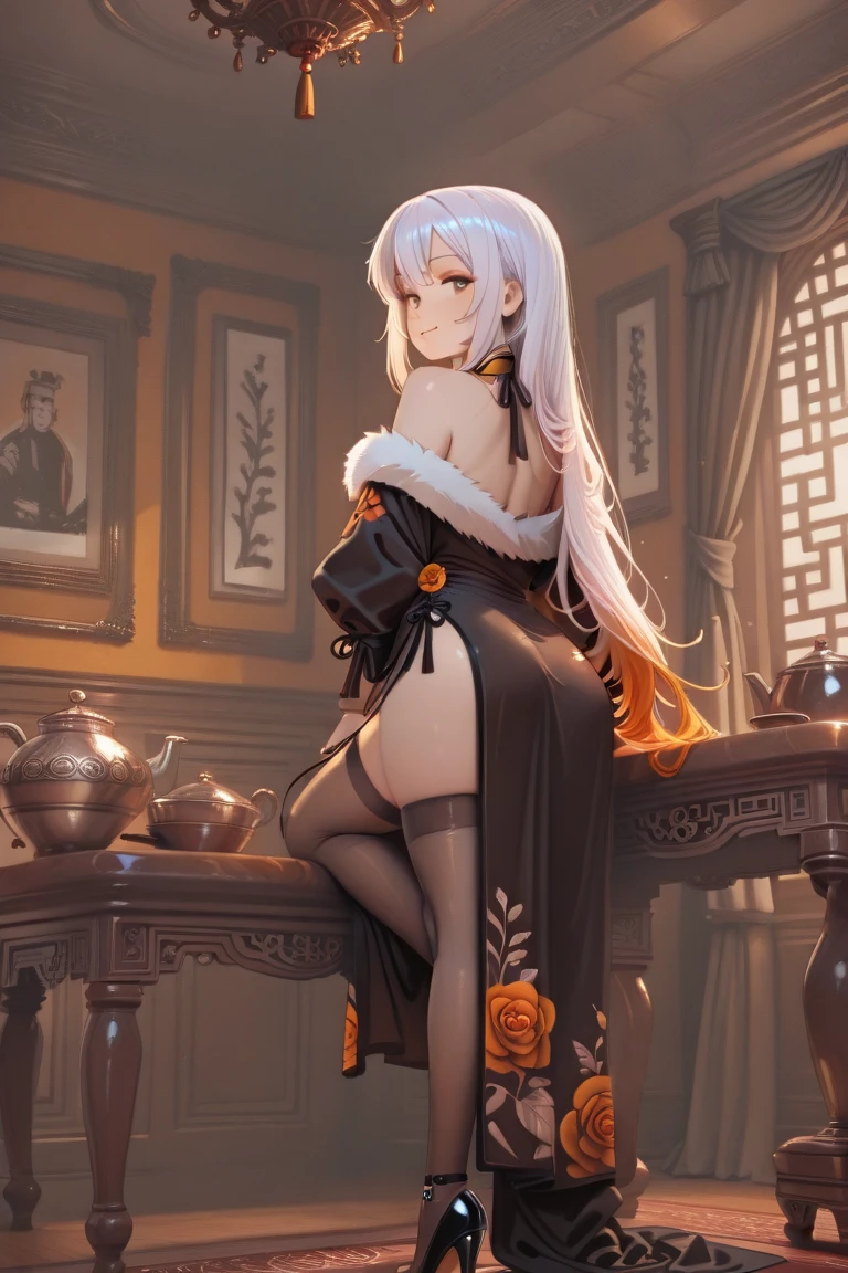 Anime girl with white hair and black clothes sitting on the bed, white-haired god, Digital art on Pixiv, Zero art, 8K high quality detail art, guweiz on pixiv artstation, Guviz-style artwork, Soft anime illustration, [ 4K digital art ]!!, Detailed fanart, guweiz on artstation pixiv