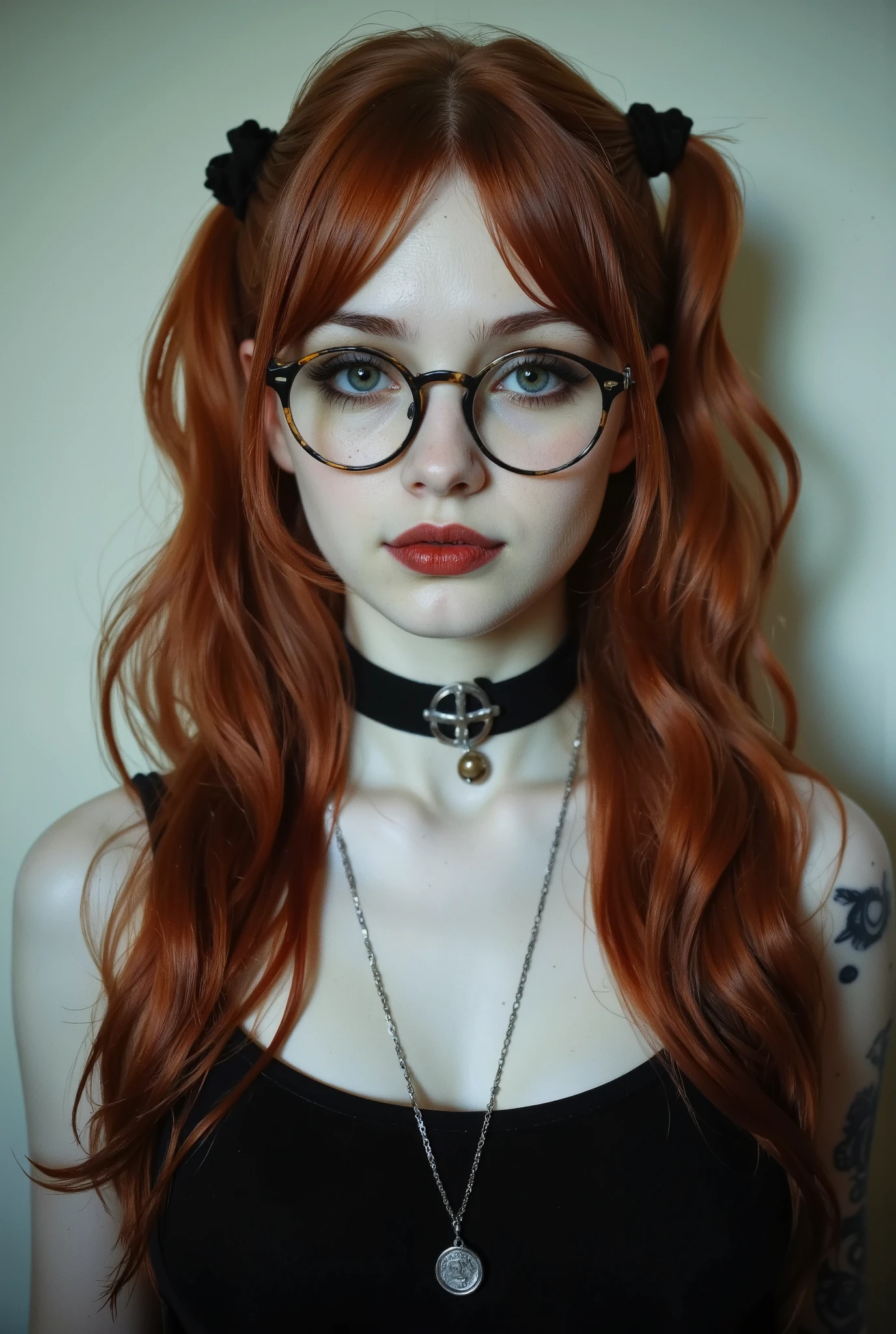 Face portrait of a pale redhead goth emo , Her dark, haunting eyes are framed by black eyeshadow and eyeliner. Her hair made up in two ponytails. Her lips, painted in deep crimson, curl into a soft smile—equal parts vulnerable and dangerous, as if she knows secrets that could shatter worlds. White female wearing cotton black tank top, choker, loop earings, pendant, round glasses, Despite her pleading smile, there is an undeniable intensity in her expression—a silent promise that her apparent fragility hides a deeper, unstoppable strength.