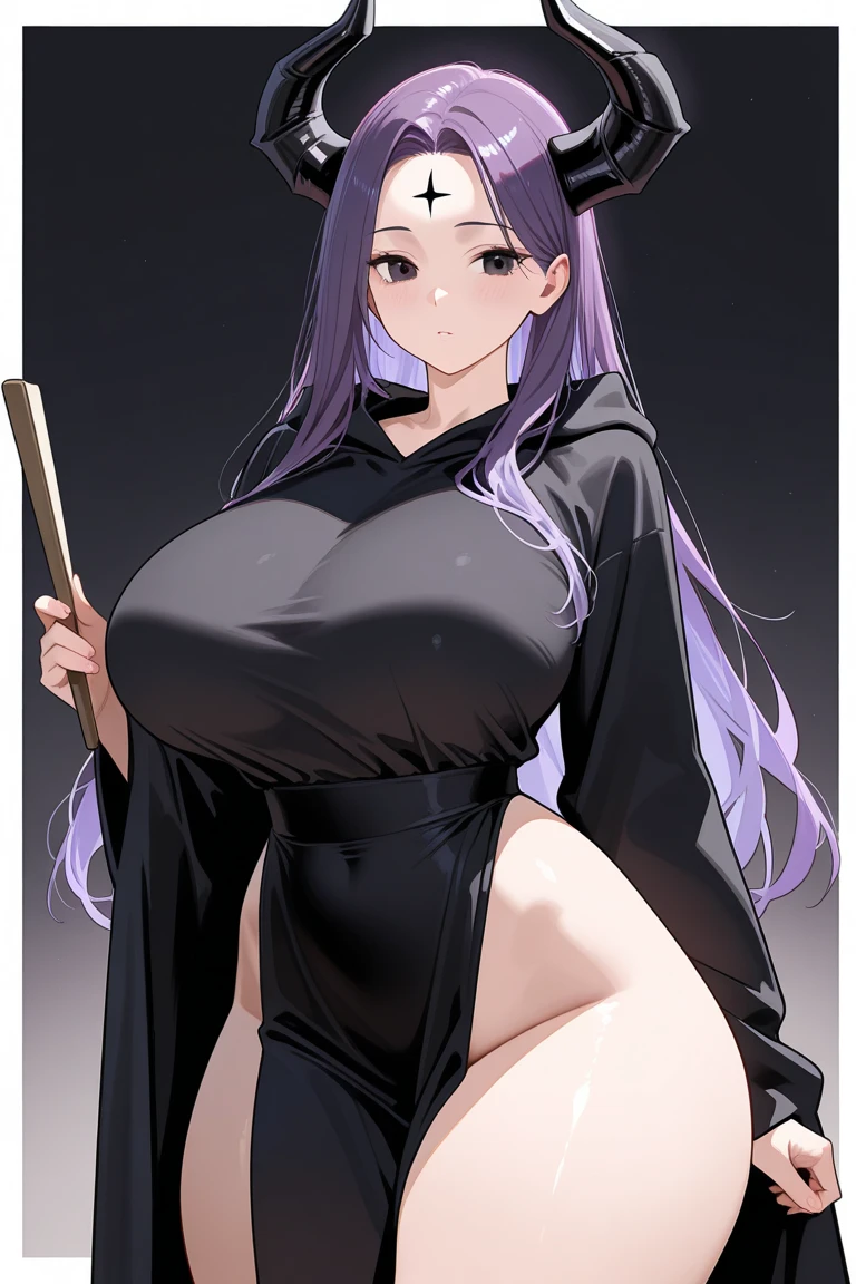 masterpiece, best quality, extremely detail 8k cg, high resolution, 1girl, yuugao, solo, purple hair, long hair, sidelocks, ponytail, brown eyes, perfect eyes, slim body, huge breasts, bursting breasts, lacasindress, black thighhighs, cleavage, outdoors, garden, beautiful face, full shot photo, full body
