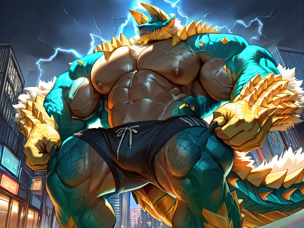 Blue scales all over the body、Very huge penis、Abnormally large male genitalia、Abnormally large testicles、Very large scrotum、Snake's head、Burning forest background、Forest at night、rain、A composition that captures the whole body、Slender body、very developed muscles、Very beautiful abs、Lizard Tail、Golden Eyes、Beast-like legs、sharp claws on feet、Sparkling effects、Attacking pose、Jumping、Sweating profusely、