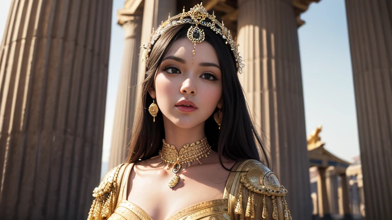  A very realistic image , 4k, Super detailed, of a goddess of Greek beauty, In a temple, also super detailed, who gives a feeling of opulence and grandeur