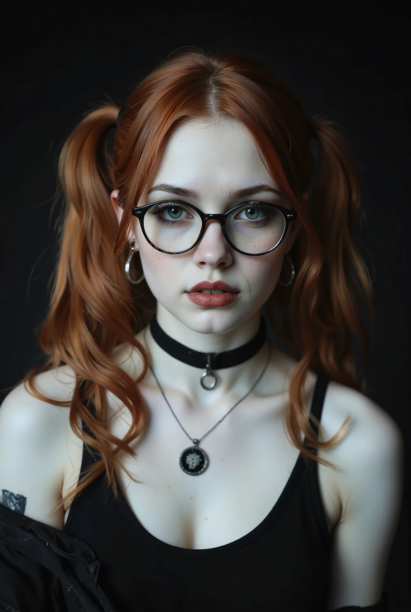 Face portrait of a pale redhead goth emo, Her dark, haunting eyes are framed by black eyeshadow and eyeliner. Her hair made up in two ponytails. Her lips, painted in deep crimson, curl into a soft smile—equal parts vulnerable and dangerous, as if she knows secrets that could shatter worlds. White female wearing cotton black tank top, choker, loop earings, pendant, round glasses, Despite her pleading smile, there is an undeniable intensity in her expression—a silent promise that her apparent fragility hides a deeper, unstoppable strength. Low angle shot.