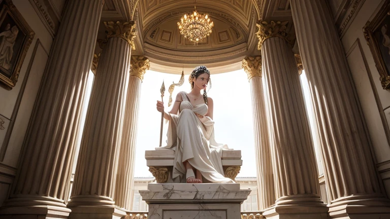 A majestic Greek goddess of beauty, Aphrodite, sits regally within a lavish temple's ornate chamber. Framed by intricate marble columns and gilded accents, she wears a flowing white gown adorned with precious gems. Soft, golden light illuminates her porcelain skin, as delicate folds of fabric drape elegantly around her figure. The temple's grandiose architecture, complete with sweeping arches and majestic statues, serves as a stunning backdrop to her divine presence.